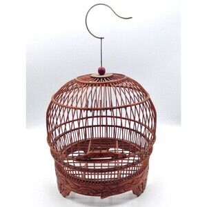 Vtg Hanging Bamboo Bird Cage Feeder Handmade Antique Collectible Handcarved 10"